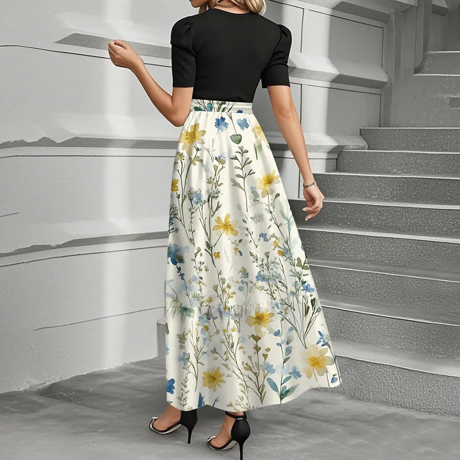 Church Dresses for Women Summer Short Sleeve Floral Long Dress Elegant Party Cocktail A Line Flowy Maxi Dress