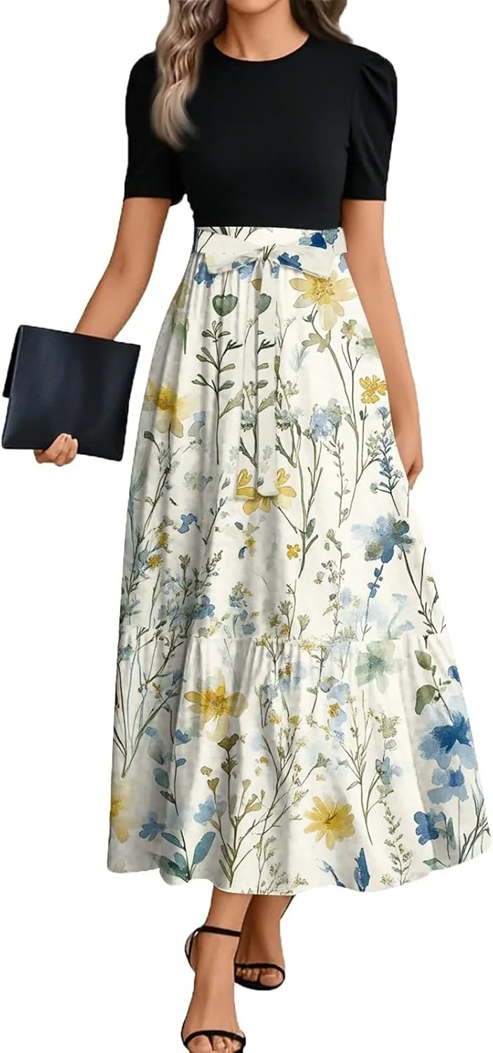 Church Dresses for Women Summer Short Sleeve Floral Long Dress Elegant Party Cocktail A Line Flowy Maxi Dress