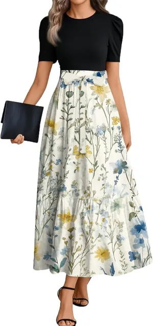 Church Dresses for Women Summer Short Sleeve Floral Long Dress Elegant Party Cocktail A Line Flowy Maxi Dress