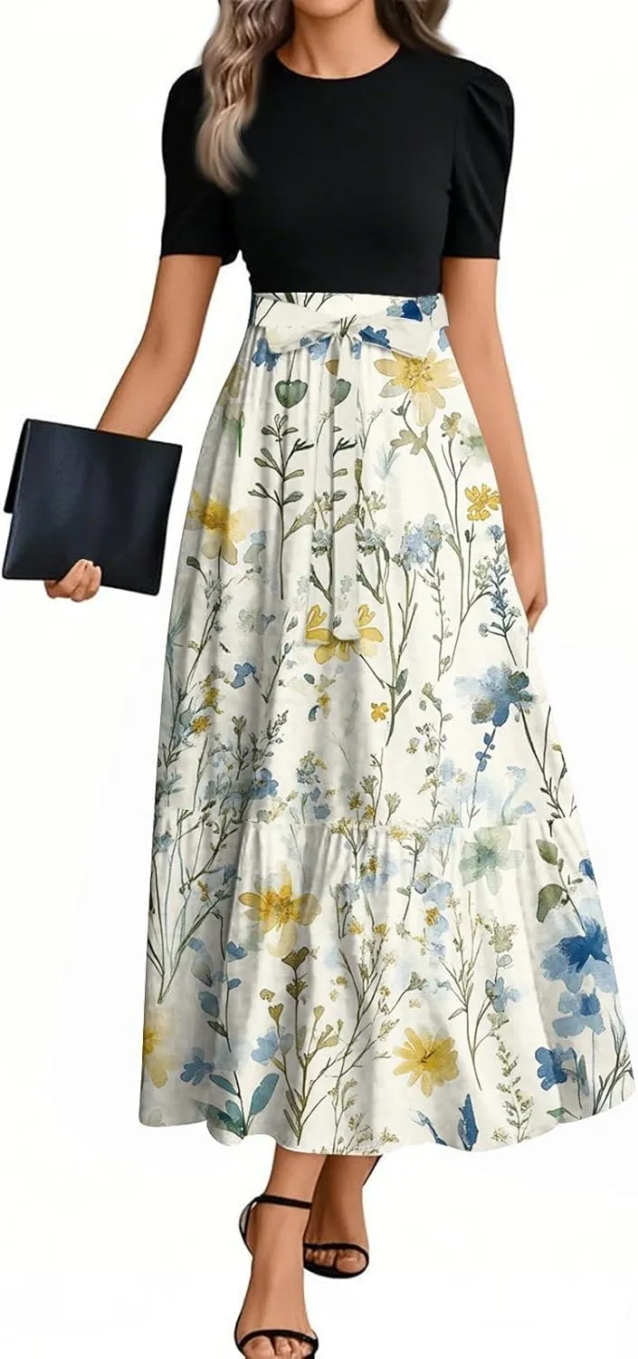 Church Dresses for Women Summer Short Sleeve Floral Long Dress Elegant Party Cocktail A Line Flowy Maxi Dress