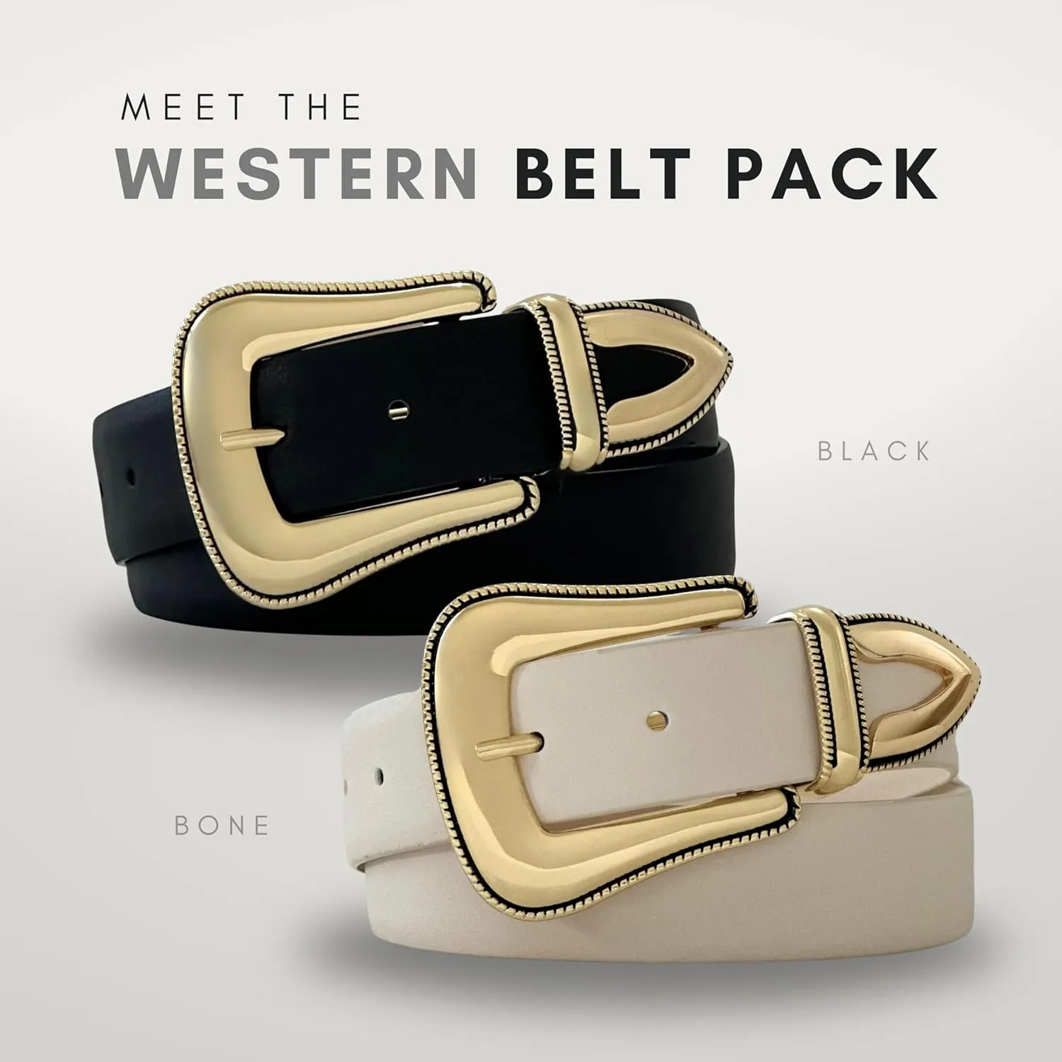 Citrusy Boutique 2-Pack | Country Western Fashion Cowgirl Belts for Women | Cute Chunky Gold Western Belt Buckle