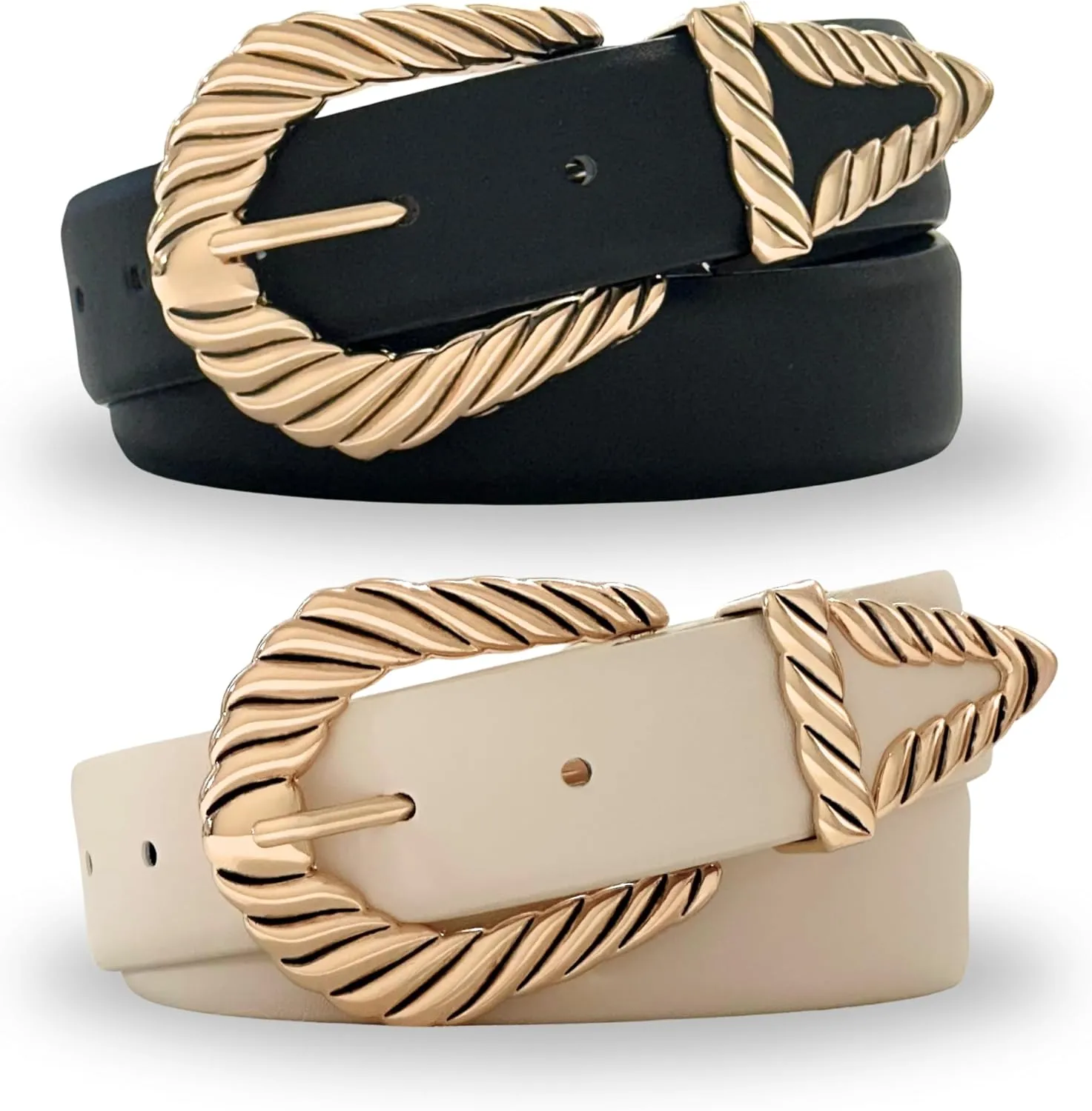 Citrusy Boutique 2-Pack | Country Western Fashion Cowgirl Belts for Women | Cute Chunky Gold Western Belt Buckle