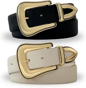 Citrusy Boutique 2-Pack | Country Western Fashion Cowgirl Belts for Women | Cute Chunky Gold Western Belt Buckle