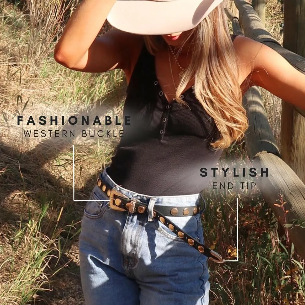 Citrusy Boutique 2-Pack | Country Western Fashion Cowgirl Belts for Women | Cute Chunky Gold Western Belt Buckle