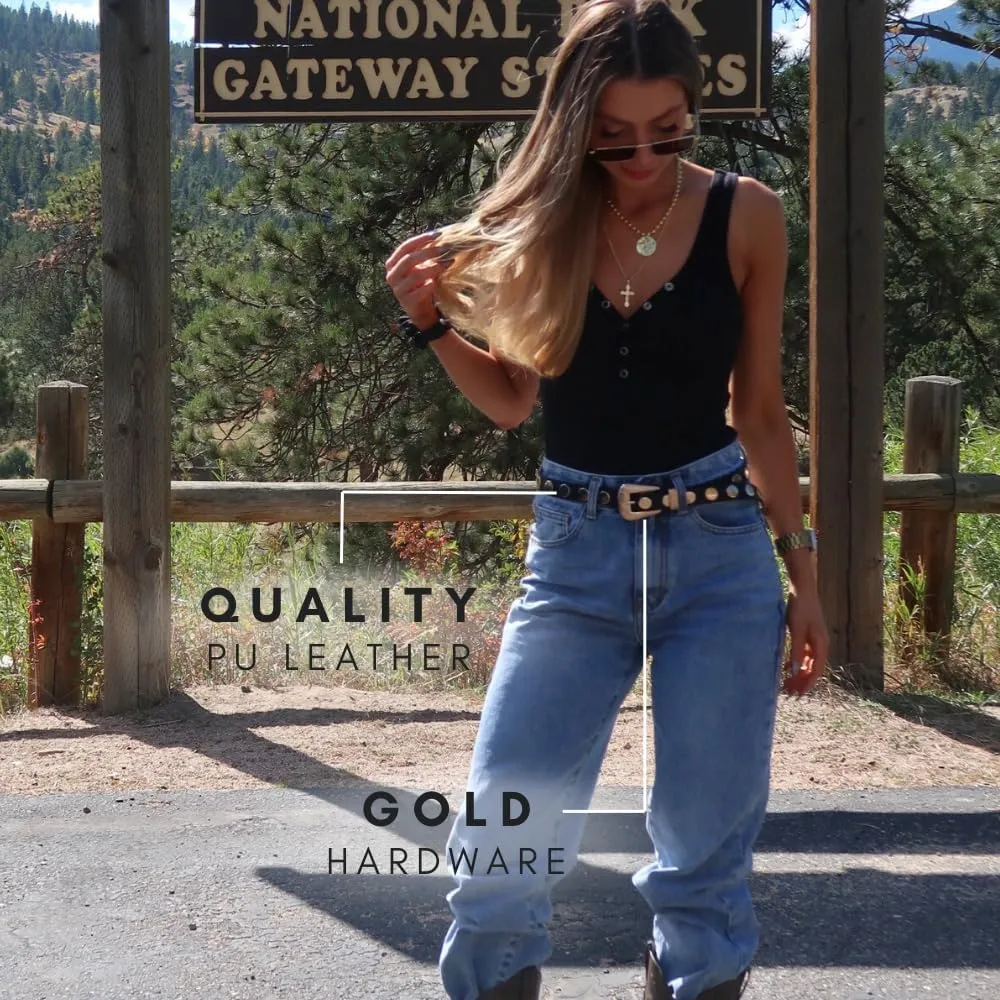 Citrusy Boutique 2-Pack | Country Western Fashion Cowgirl Belts for Women | Cute Chunky Gold Western Belt Buckle