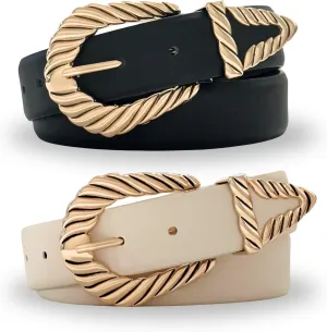 Citrusy Boutique 2-Pack | Country Western Fashion Cowgirl Belts for Women | Cute Chunky Gold Western Belt Buckle