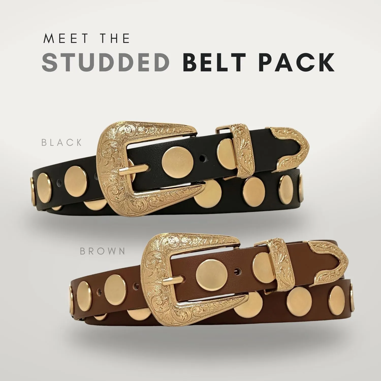 Citrusy Boutique 2-Pack | Country Western Fashion Cowgirl Belts for Women | Cute Chunky Gold Western Belt Buckle