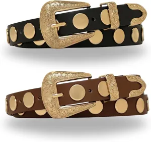 Citrusy Boutique 2-Pack | Country Western Fashion Cowgirl Belts for Women | Cute Chunky Gold Western Belt Buckle