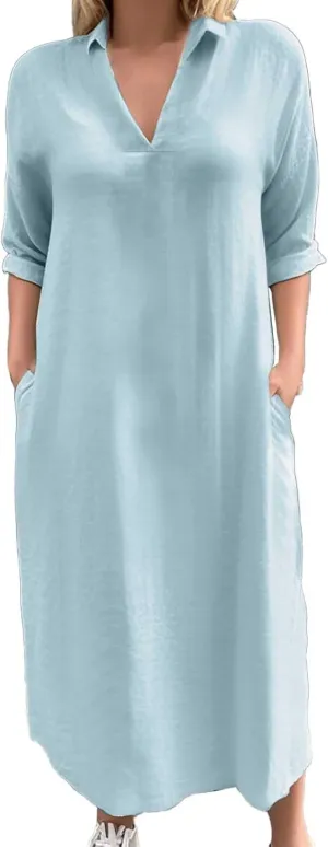 Collared Dress for Women Summer Casual Maxi Dresses Long Sleeve V Neck Shift Loose Dresses with Pockets