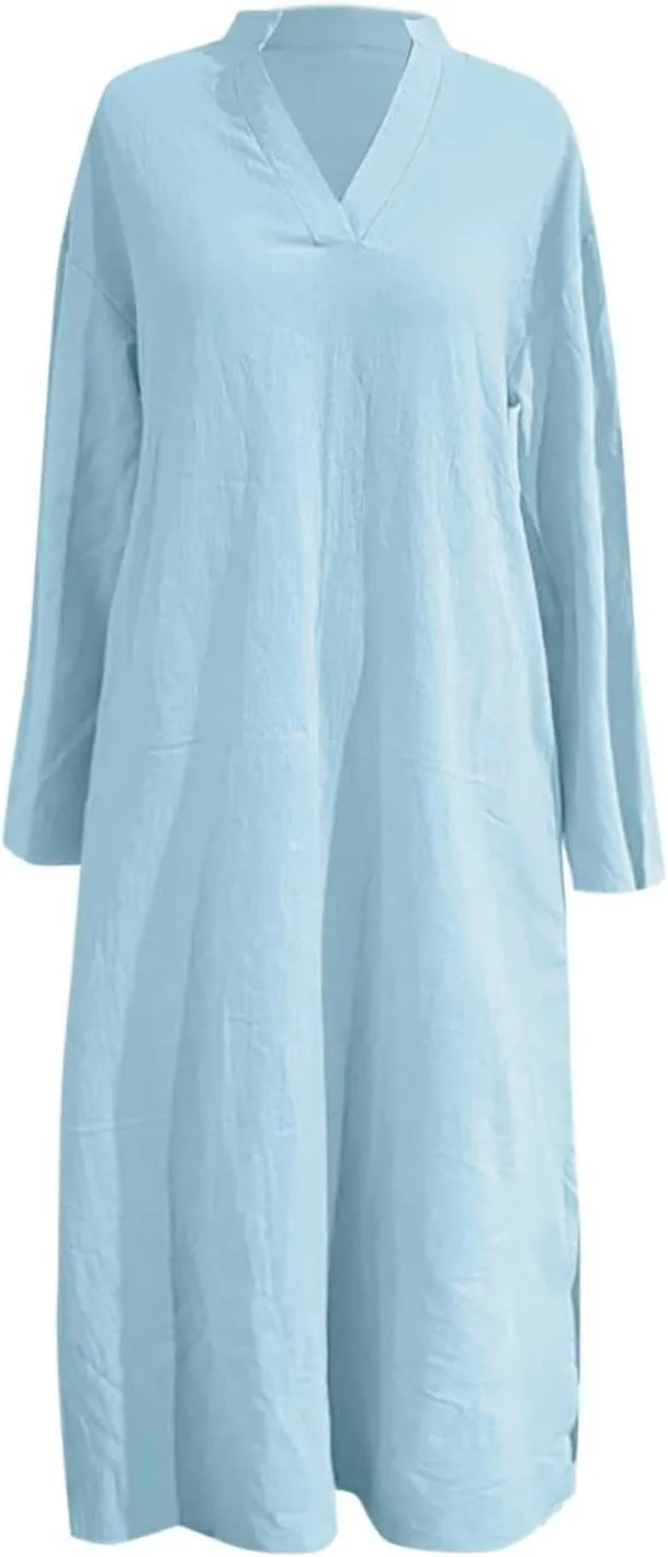 Collared Dress for Women Summer Casual Maxi Dresses Long Sleeve V Neck Shift Loose Dresses with Pockets