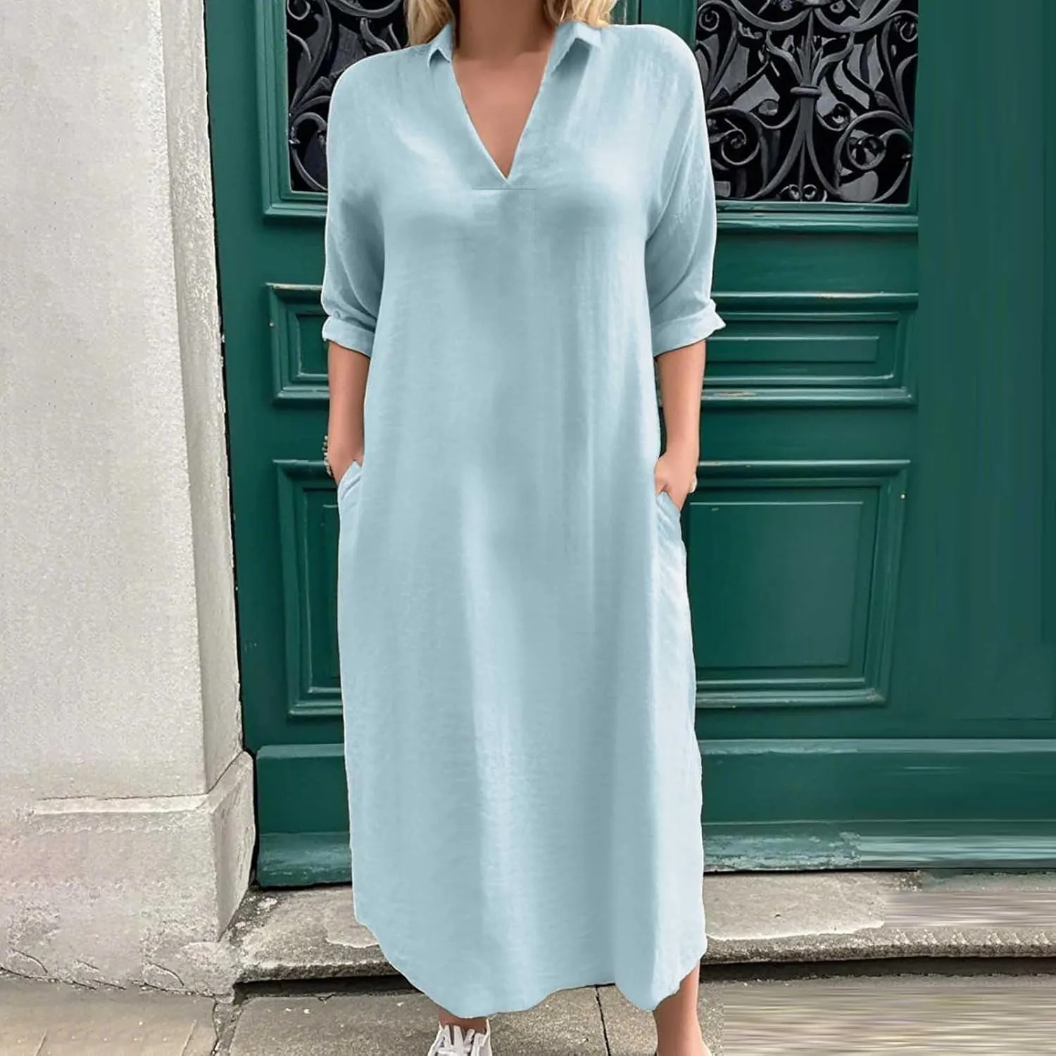 Collared Dress for Women Summer Casual Maxi Dresses Long Sleeve V Neck Shift Loose Dresses with Pockets