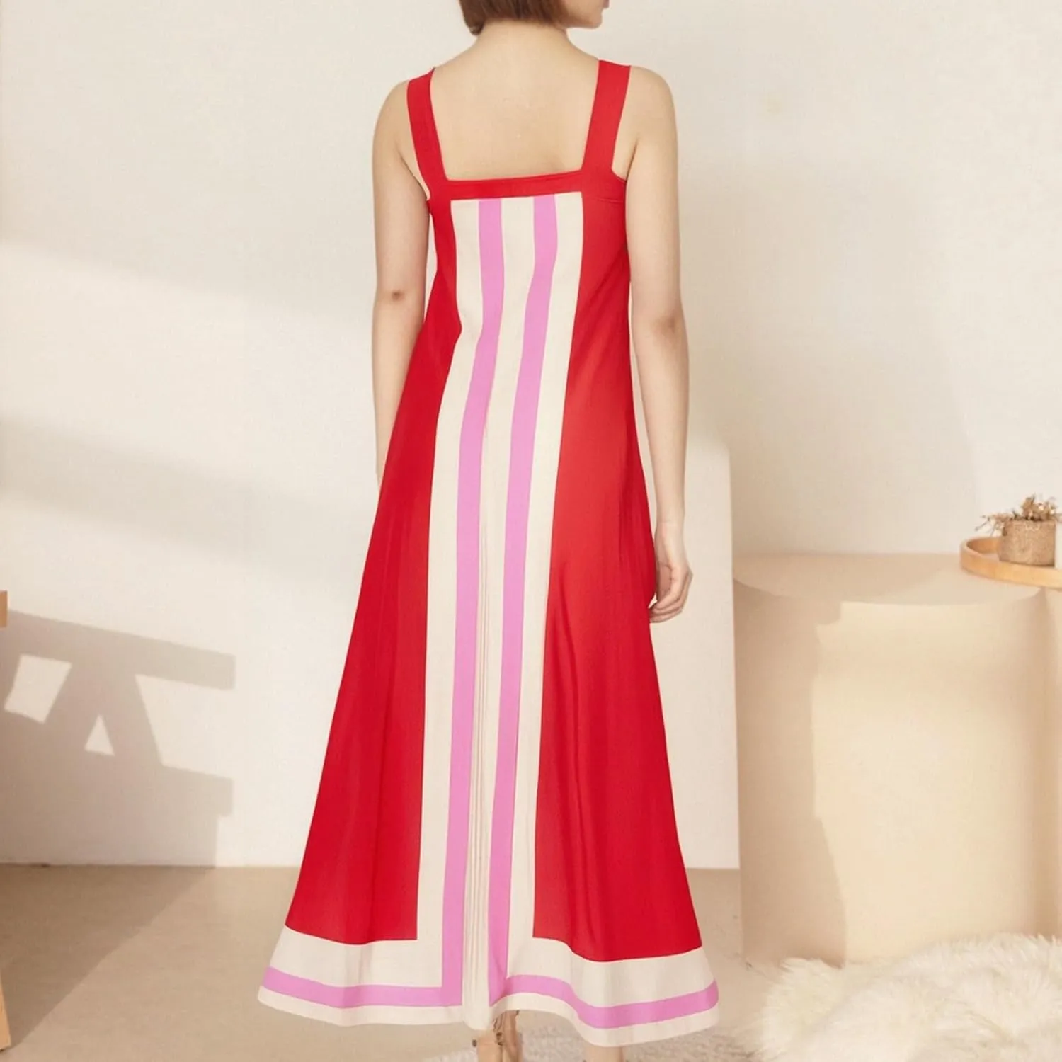 Color Block Dress for Women Summer Maxi Sleeveless Boho Floral Sundress Flowy Zipper Shoulder Strap Beach Overall Dress