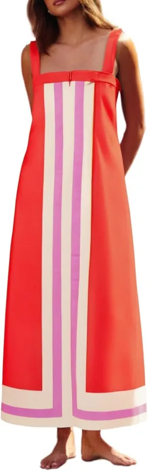 Color Block Dress for Women Summer Maxi Sleeveless Boho Floral Sundress Flowy Zipper Shoulder Strap Beach Overall Dress