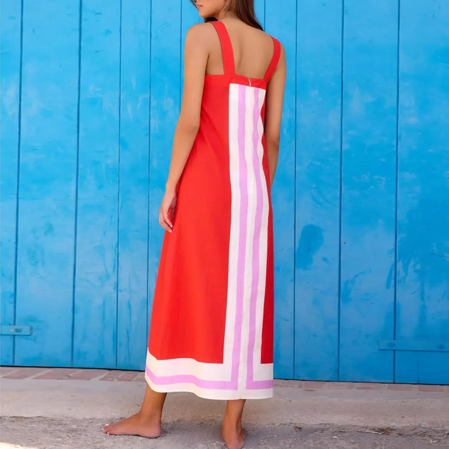Color Block Dress for Women Summer Maxi Sleeveless Boho Floral Sundress Flowy Zipper Shoulder Strap Beach Overall Dress
