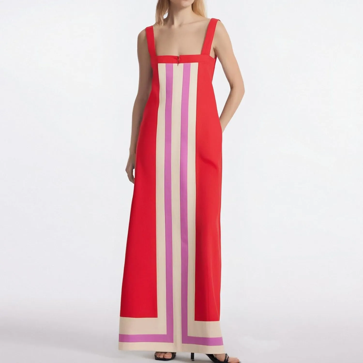 Color Block Dress for Women Summer Maxi Sleeveless Boho Floral Sundress Flowy Zipper Shoulder Strap Beach Overall Dress