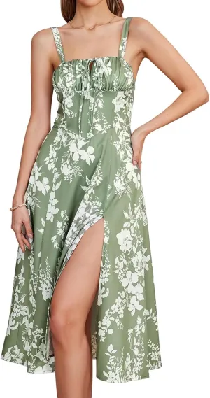 Corset Dress for Women Summer Sexy Backless Spaghetti Straps Square Neck Casual Midi Dress Flowy A-Line Beach Sundress