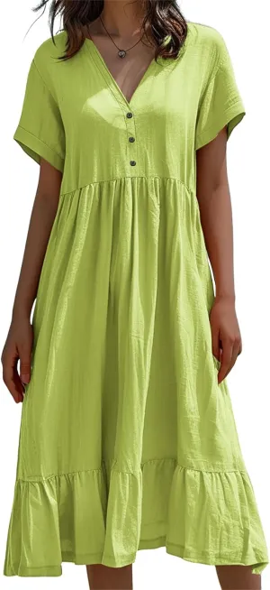 Cotton and Linen V-Neck Midi Dress Short Sleeve Pleated High Waisted Tiered Maxi Dresses Casual Loose Solid Dresses