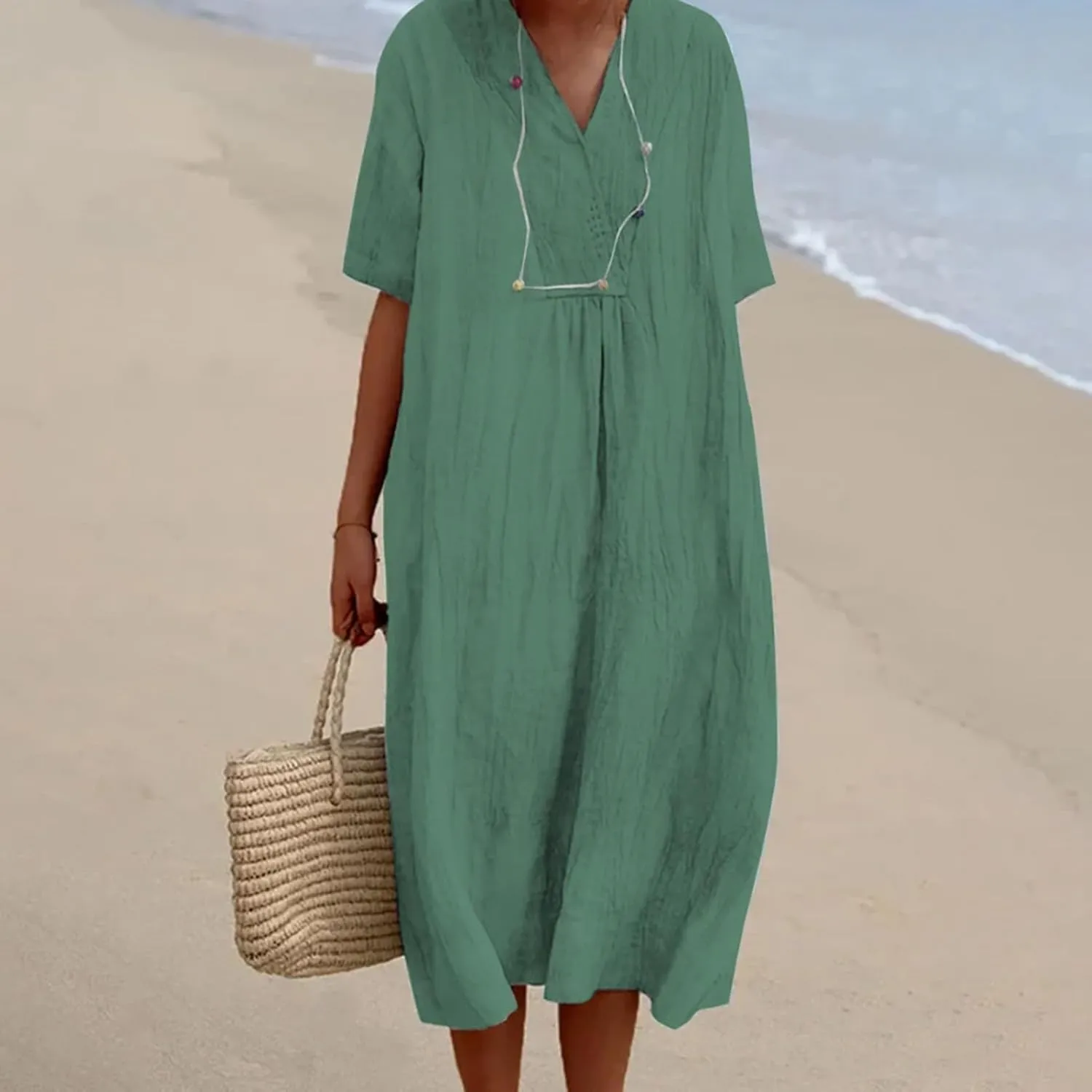 Cotton and Linen V-Neck Midi Dress Summer Casual Loose Short Sleeve T Shirts Long Dresses Comfortable Lounge Dresses