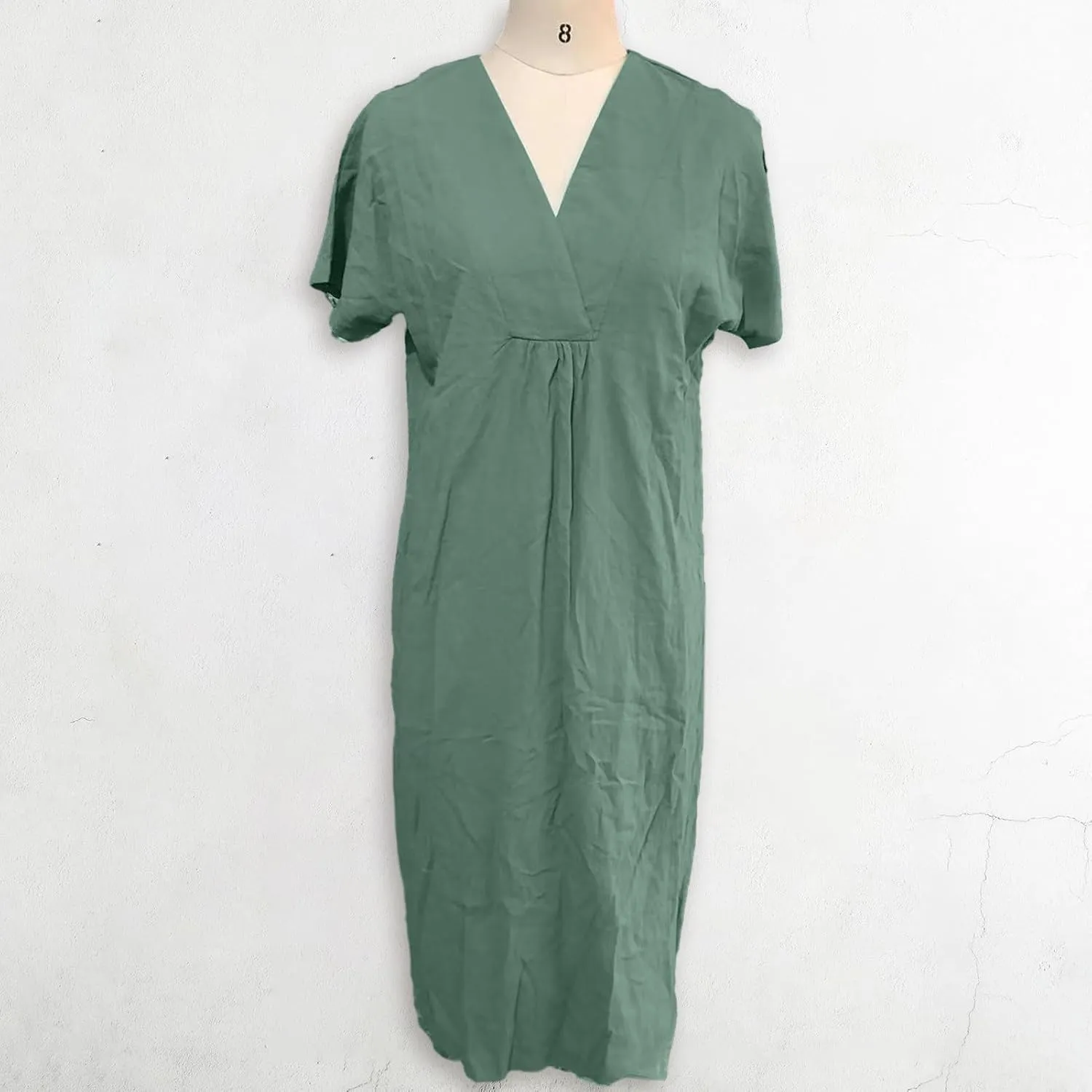 Cotton and Linen V-Neck Midi Dress Summer Casual Loose Short Sleeve T Shirts Long Dresses Comfortable Lounge Dresses