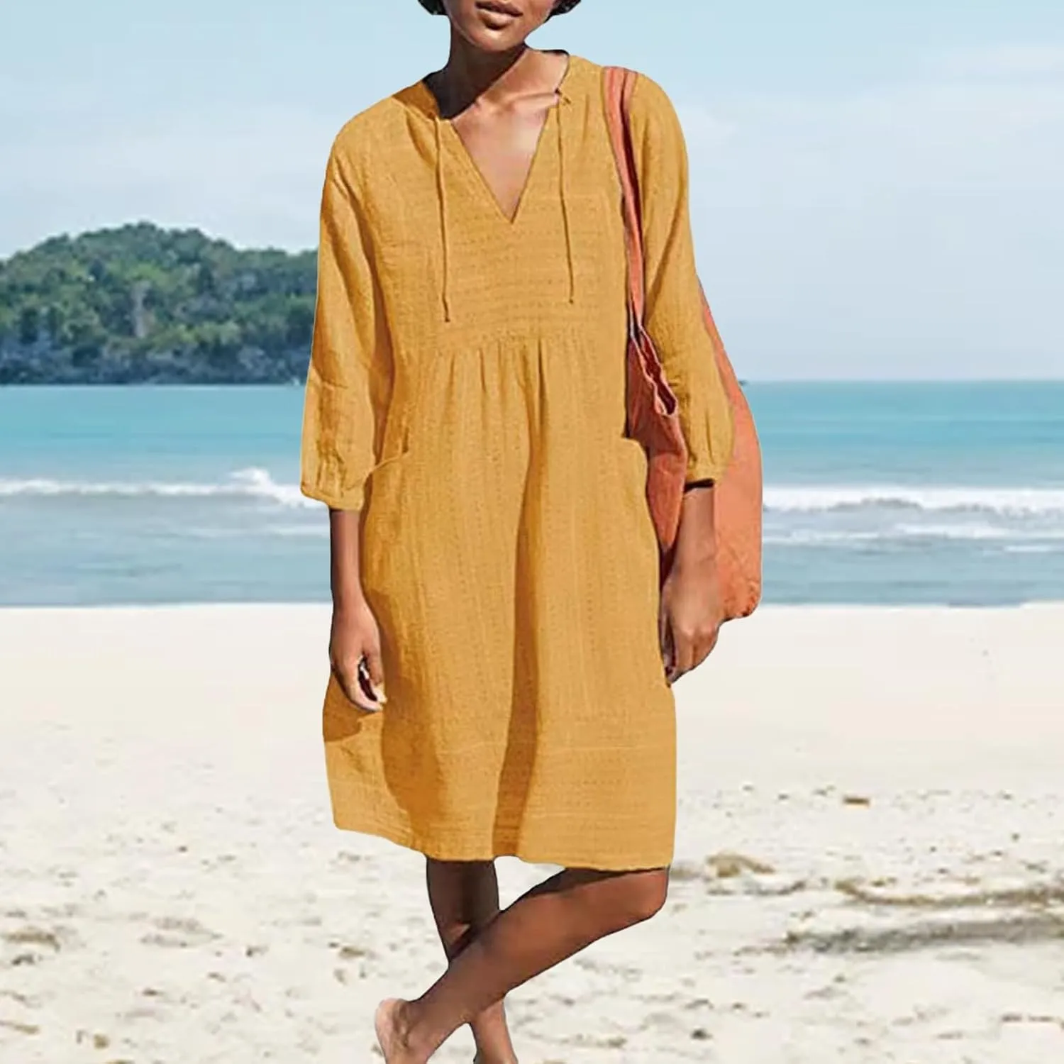 Cotton Linen Dress for Women 2025 Beach Vacation Dresses V Neck Half Sleeves Solid Color Casual Flowy Summer Dresses
