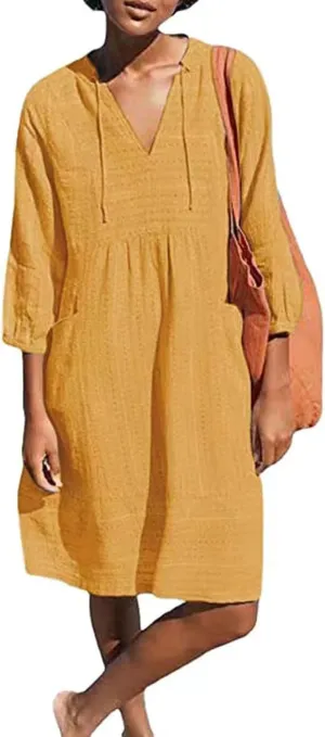 Cotton Linen Dress for Women 2025 Beach Vacation Dresses V Neck Half Sleeves Solid Color Casual Flowy Summer Dresses