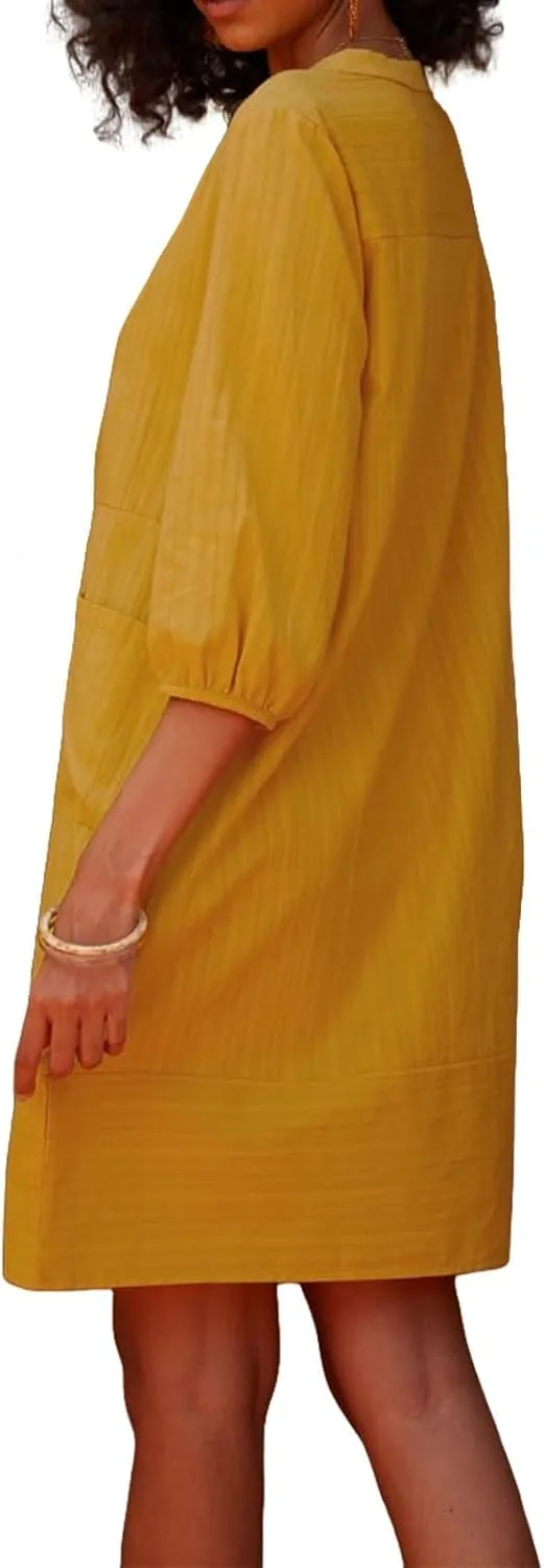 Cotton Linen Dress for Women 2025 Beach Vacation Dresses V Neck Half Sleeves Solid Color Casual Flowy Summer Dresses