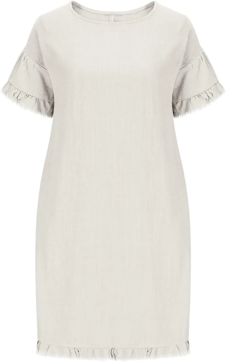 Cotton Linen Dress for Women Short Sleeve Crewneck Mini Dresses for Summer Solid Color Shift Dress with Pockets