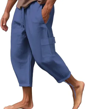 Cotton Linen Dress Pants for Men Casual Elastic Waist Summer Beach Pants Lightweight Breathable Yoga Vacation Trouser