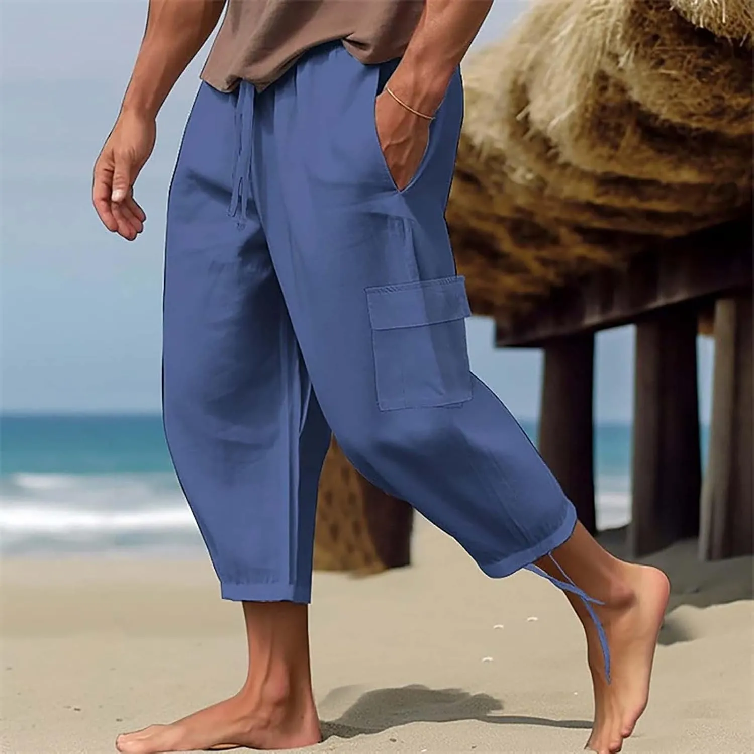 Cotton Linen Dress Pants for Men Casual Elastic Waist Summer Beach Pants Lightweight Breathable Yoga Vacation Trouser