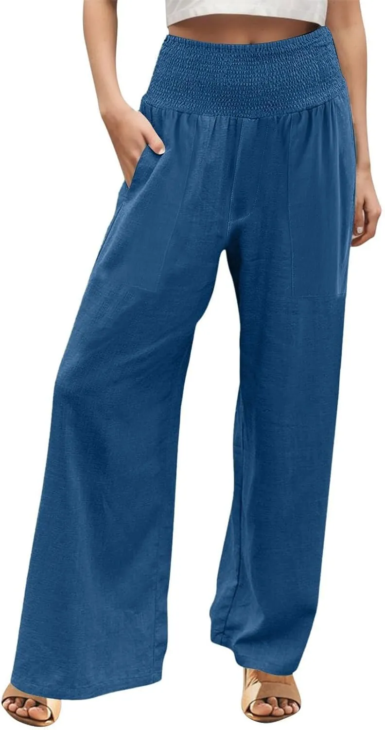 Cotton Linen Lounge Pants Women Boho Wide Leg Elastic Waist Summer Flowy Palazzo Pants Straight Leg Smocked Soft Trouser