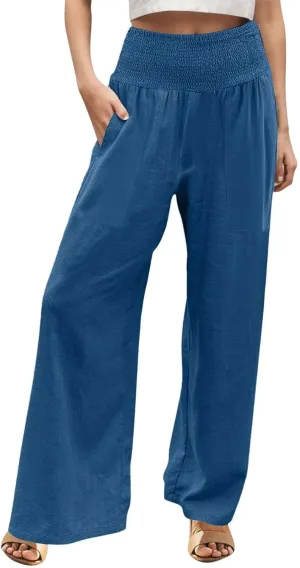 Cotton Linen Lounge Pants Women Boho Wide Leg Elastic Waist Summer Flowy Palazzo Pants Straight Leg Smocked Soft Trouser