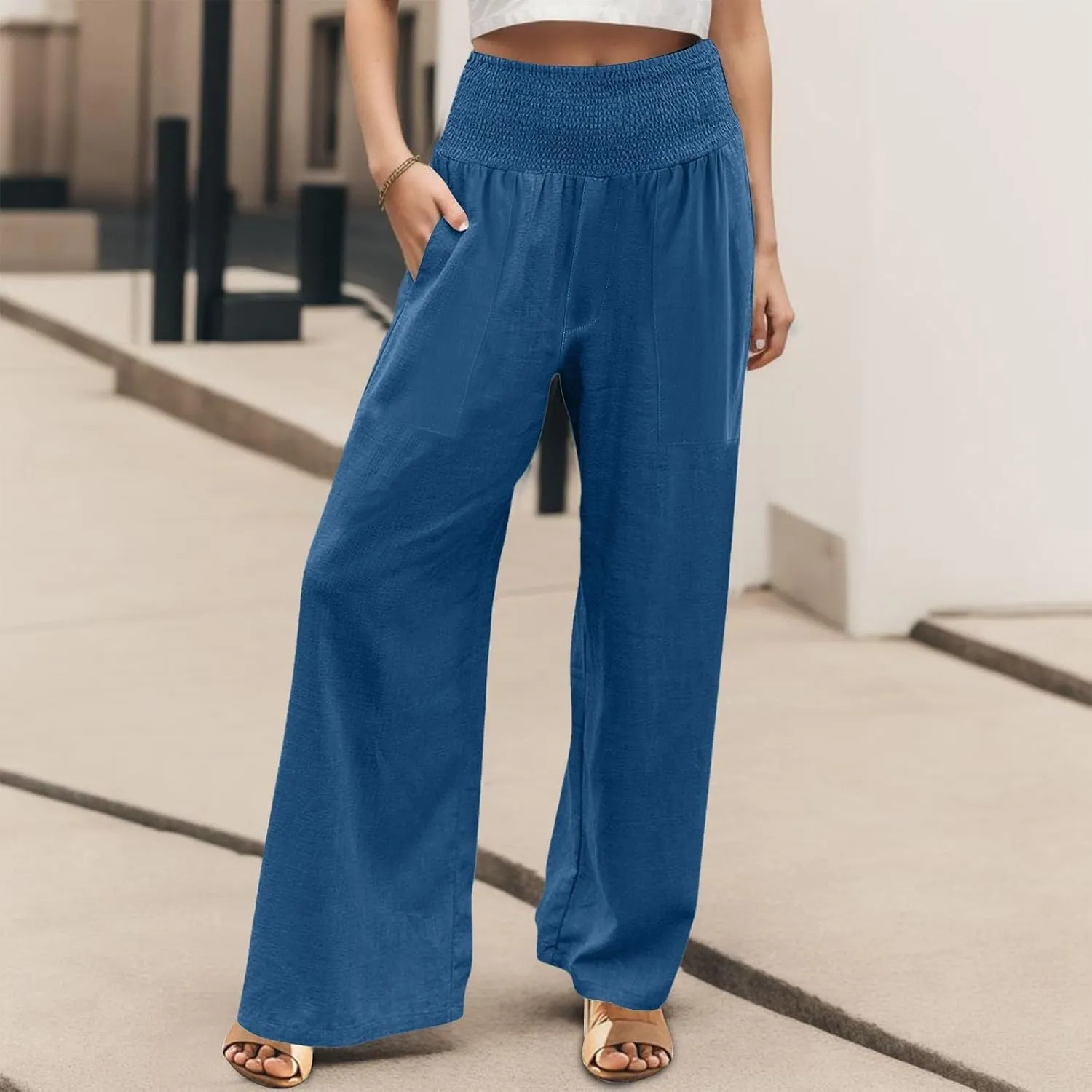 Cotton Linen Lounge Pants Women Boho Wide Leg Elastic Waist Summer Flowy Palazzo Pants Straight Leg Smocked Soft Trouser