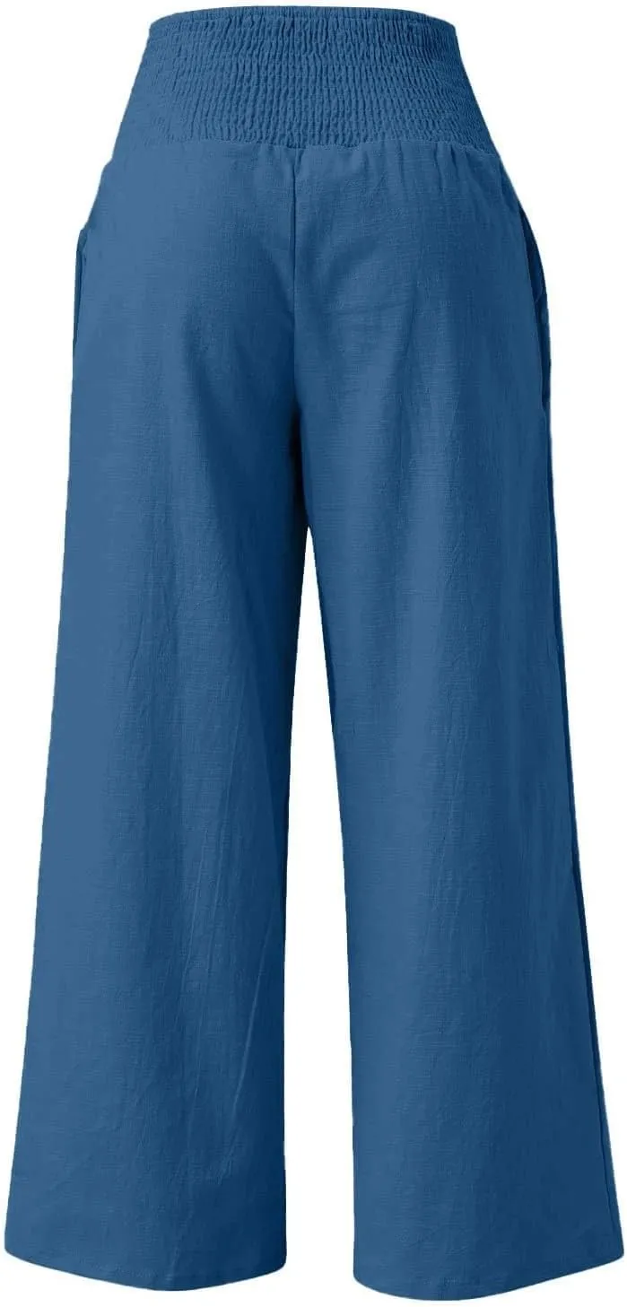 Cotton Linen Lounge Pants Women Boho Wide Leg Elastic Waist Summer Flowy Palazzo Pants Straight Leg Smocked Soft Trouser