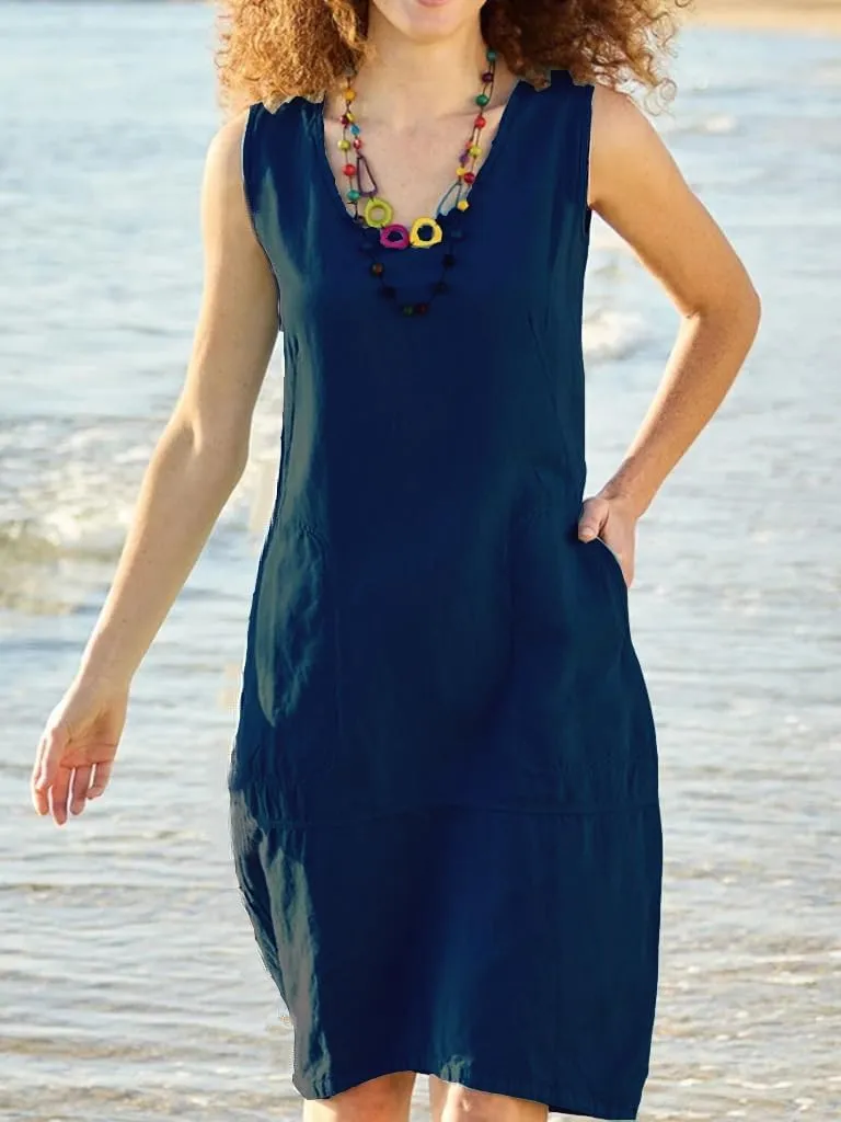 Cotton Linen Summer Midi Dresses for Women 2025 Vacation Sleeveless V-Neck Sundress Loose Casual Beach Solid Dresses