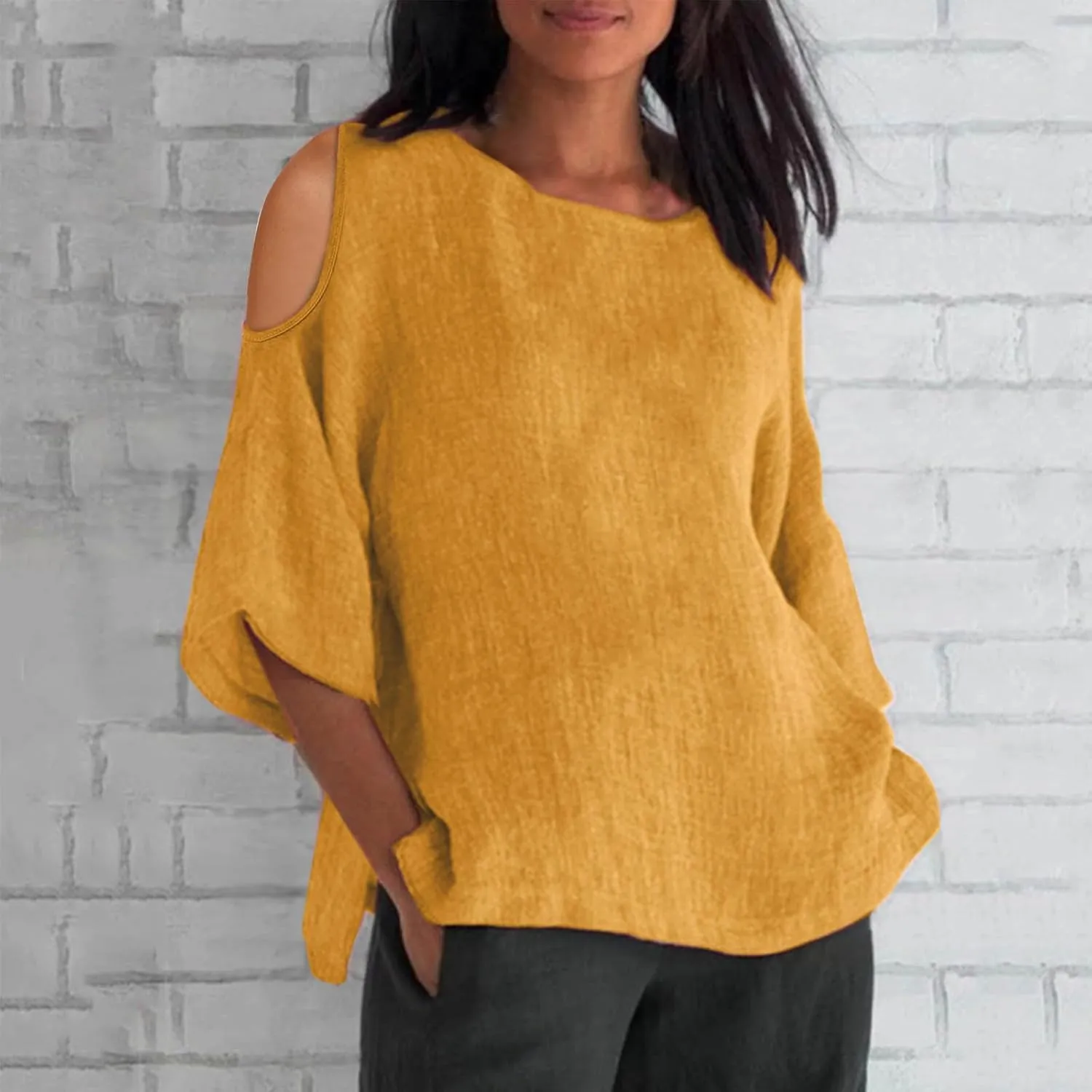 Cotton Linen Top for Women Plus Size Cold Shoulder 3/4 Sleeve Casual Summer Blouse T Shirt Fashion Loose Tunic Shirt