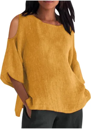 Cotton Linen Top for Women Plus Size Cold Shoulder 3/4 Sleeve Casual Summer Blouse T Shirt Fashion Loose Tunic Shirt