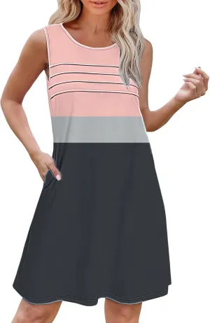 Cotton Summer Dresses for Women Womens with Pockets Summer Casual Tank Dress Sleeveless Midi Beach Dress Summer