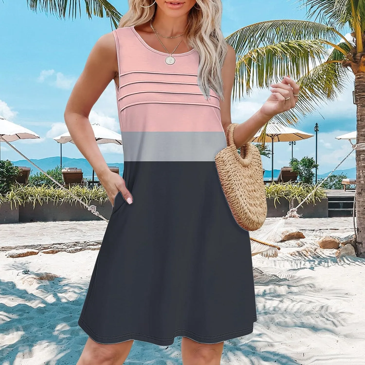 Cotton Summer Dresses for Women Womens with Pockets Summer Casual Tank Dress Sleeveless Midi Beach Dress Summer
