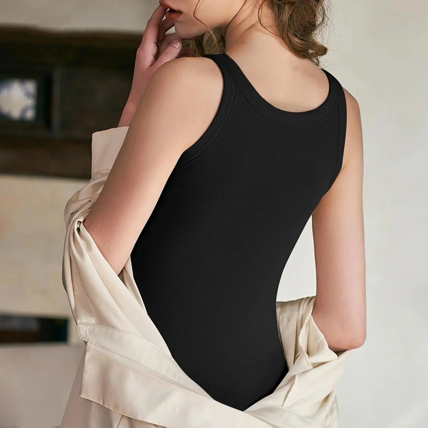 Cotton Tank Tops for Women Solid Color Sleeveless Crew Neck T Shirts Summer Casual Seamless Blouse with Built in Bra