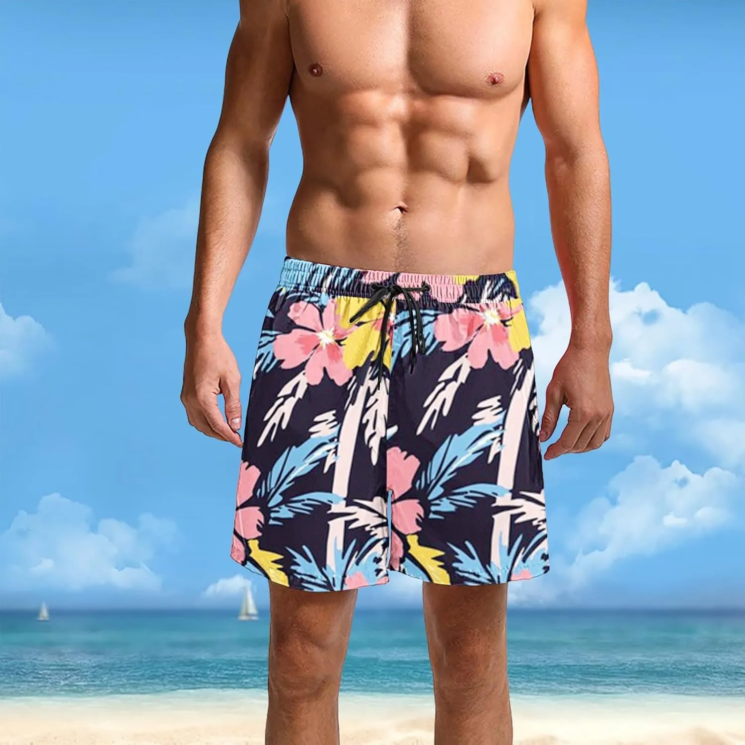 CRNTCEM Mens Casual Hawaiians Beach Shorts Quick Dry Swimwear Summer Swim Trunks Elastic Waist Drawstring Shorts
