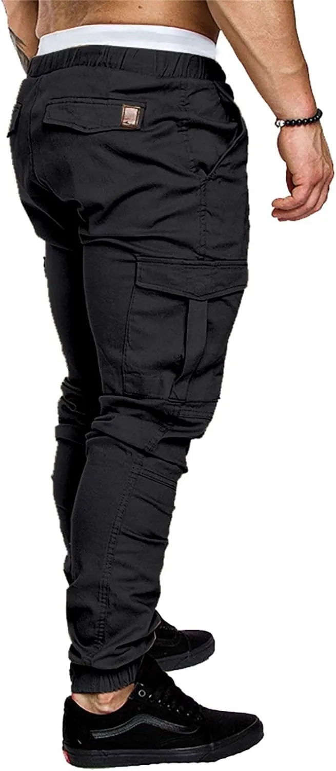 CRNTCEM Mens Skinny Fit Cargo Pants Twill Casual Athletic Joggers Drawstring Combat Tactical Track Pants Stretch Workout Pant