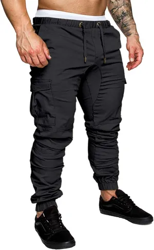 CRNTCEM Mens Skinny Fit Cargo Pants Twill Casual Athletic Joggers Drawstring Combat Tactical Track Pants Stretch Workout Pant
