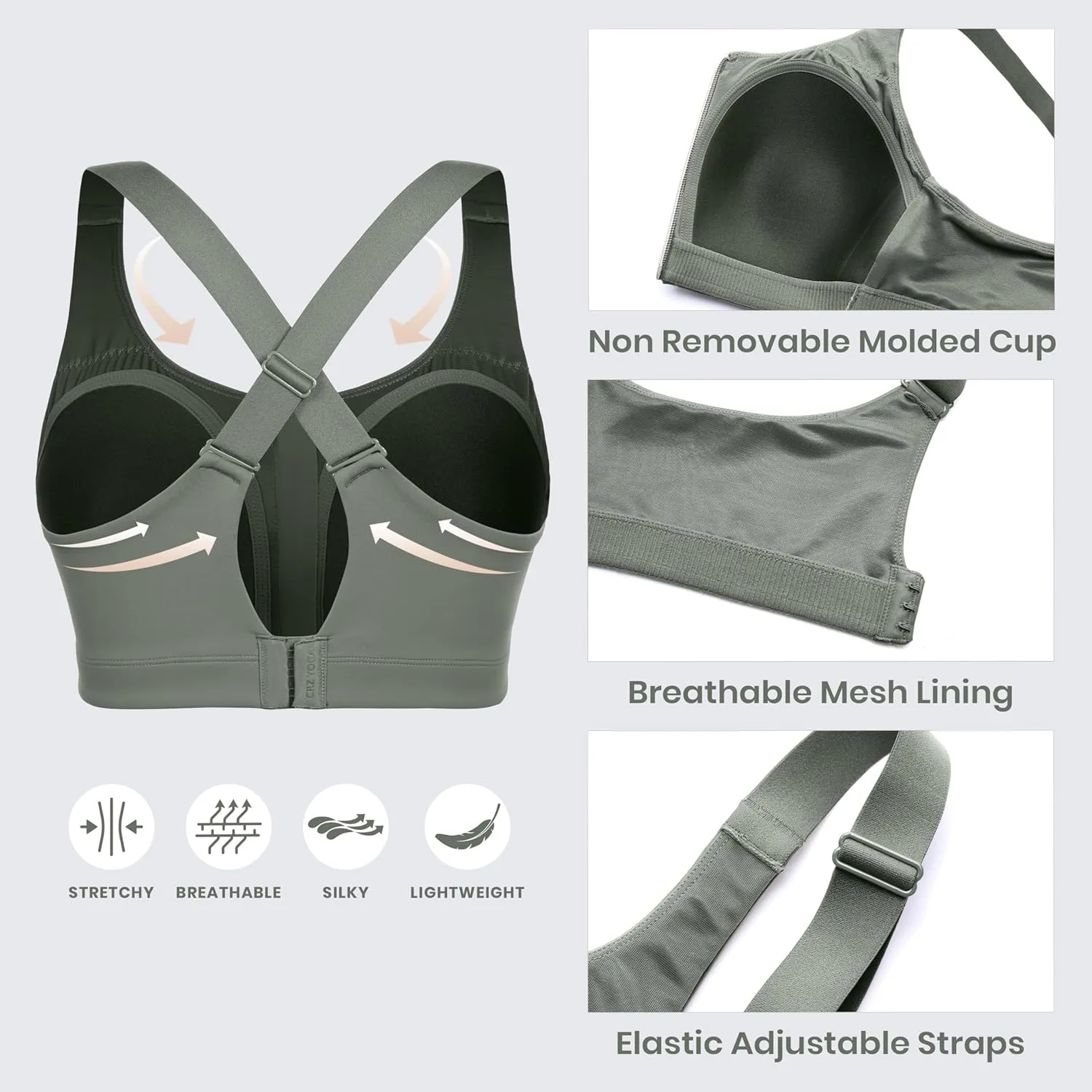CRZ YOGA Womens Zip Front High Impact Sports Bra - Molded Cup Adjustable Convertible Straps Wireless Workout Yoga Crop Top