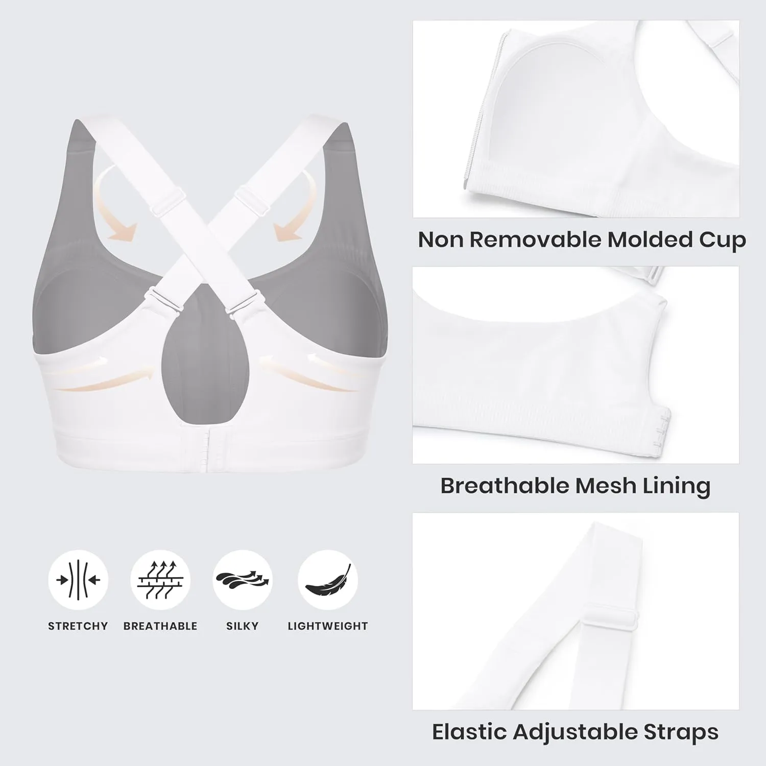 CRZ YOGA Womens Zip Front High Impact Sports Bra - Molded Cup Adjustable Convertible Straps Wireless Workout Yoga Crop Top