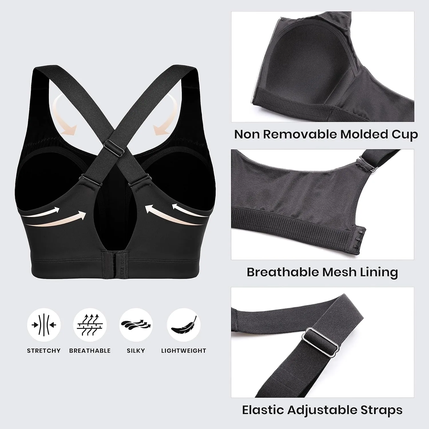 CRZ YOGA Womens Zip Front High Impact Sports Bra - Molded Cup Adjustable Convertible Straps Wireless Workout Yoga Crop Top