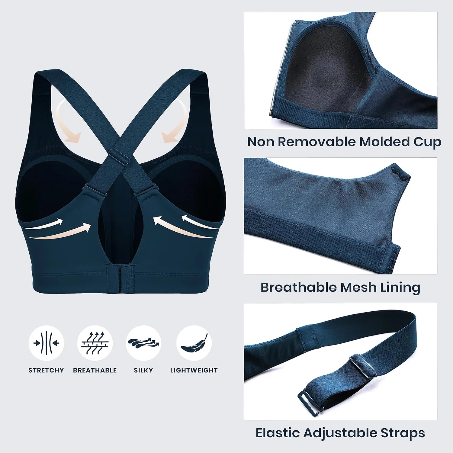 CRZ YOGA Womens Zip Front High Impact Sports Bra - Molded Cup Adjustable Convertible Straps Wireless Workout Yoga Crop Top