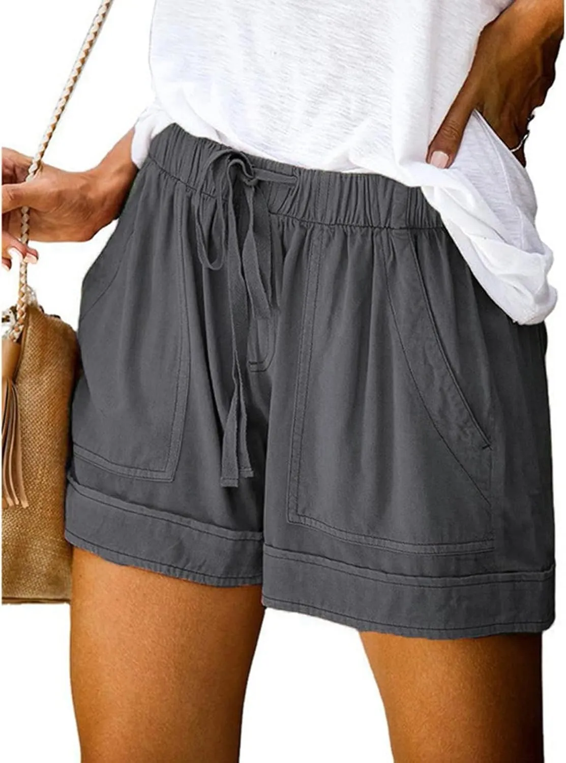 DASAYO Shorts with Pockets for Women Cotton Drawstring Elastic Waist Casual Shorts Loose Lounge Summer Shorts