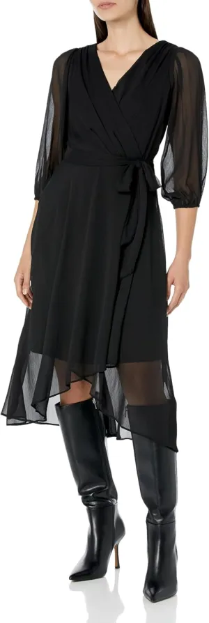 DKNY Women's Balloon Half Sleeve Faux Wrap Midi Dress