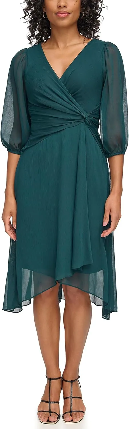 DKNY womens Chiffon 3/4 Sleeve Faux Wrap Dress