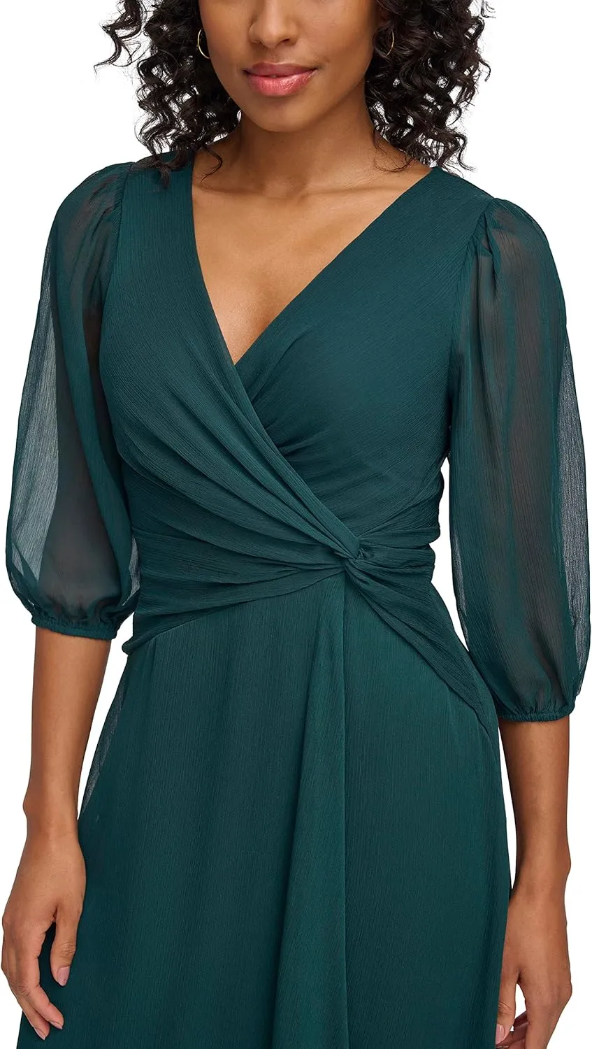 DKNY womens Chiffon 3/4 Sleeve Faux Wrap Dress